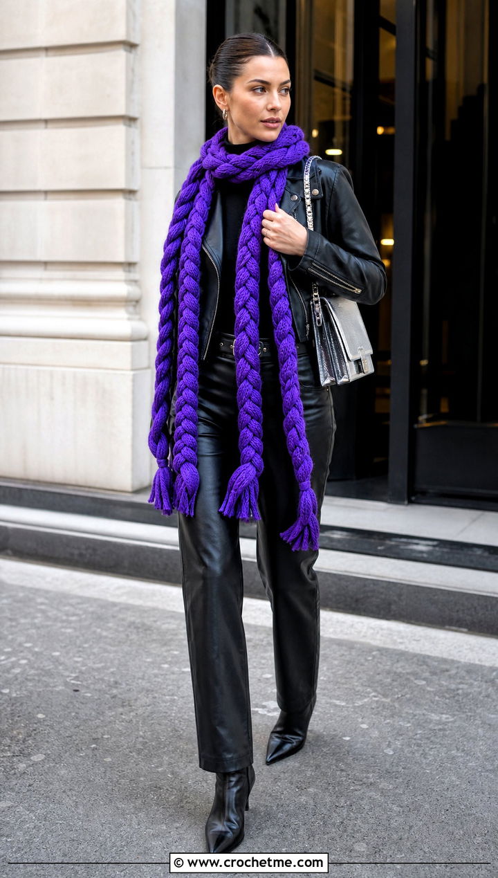 Braided Crochet Scarf With Moto Jacket - 35 crocheted scarf outfit ideas