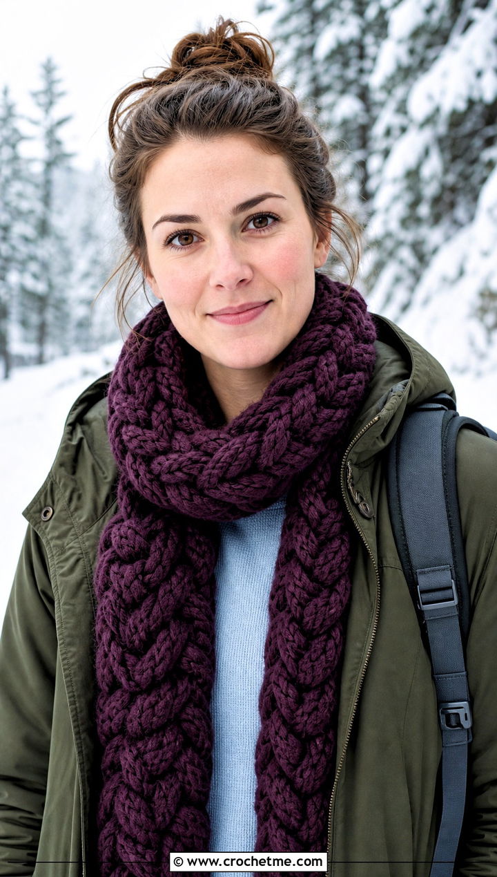 Braided Crochet Scarf With Parka - 25 Crochet For Beginners Scarf outfit ideas