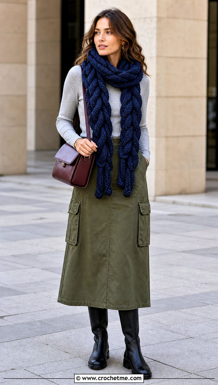 Braided Crochet Scarf With Sweater And Cargo Skirt - 35 fall crochet scarf outfit ideas