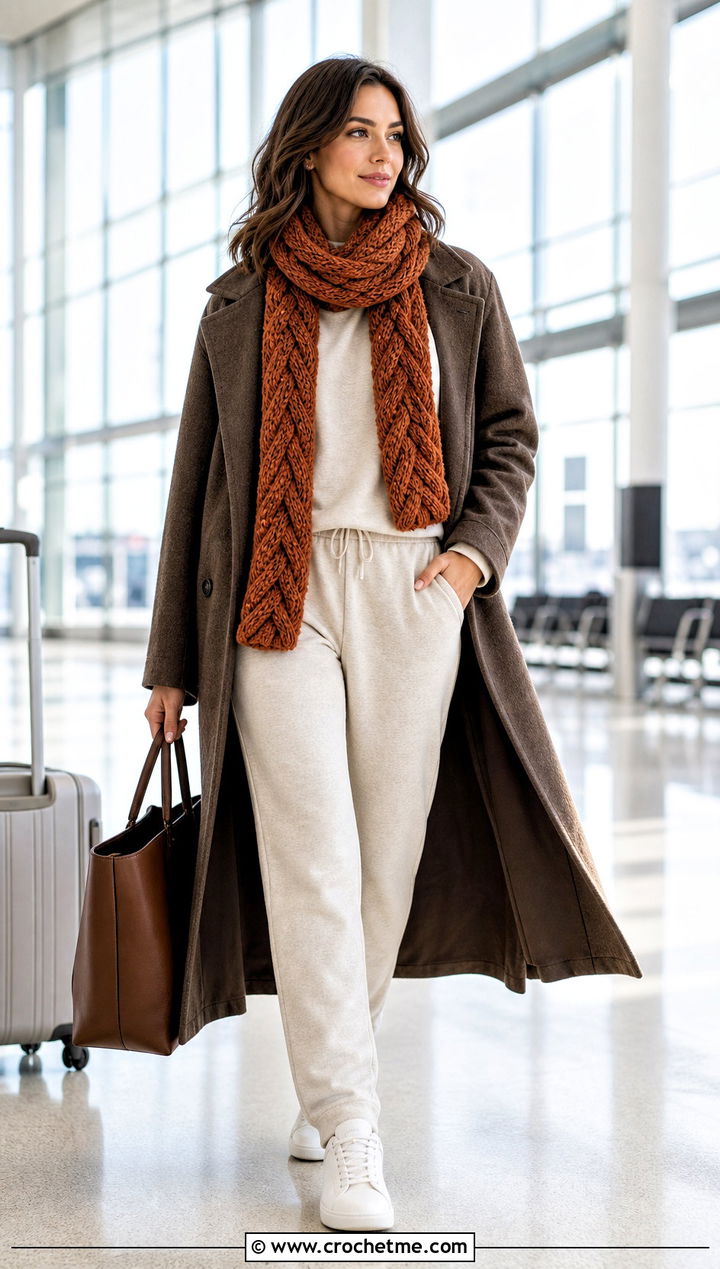 Braided Crochet Scarf With Tracksuit And Wool Coat - 35 crochet scarves outfit ideas