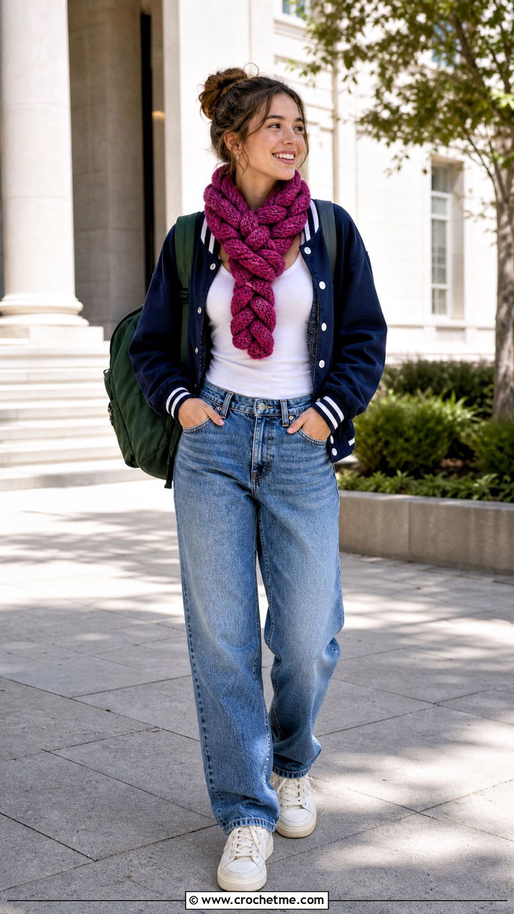 Braided Crochet Scarf With Varsity Jacket - 35 beginner crochet scarf outfit ideas