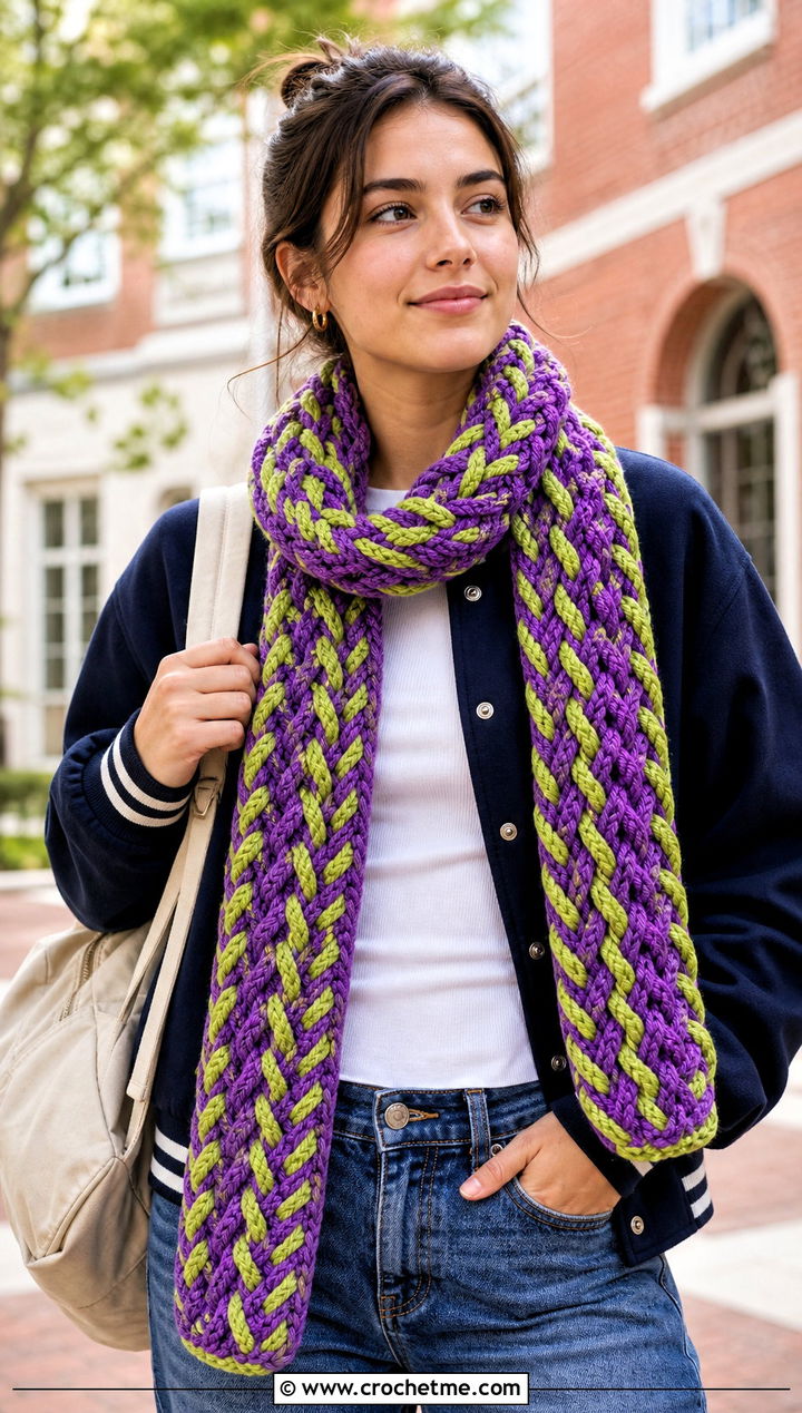 Braided Crochet Scarf With Varsity Jacket And Straight Jeans - 30 2 color crochet scarf outfit ideas