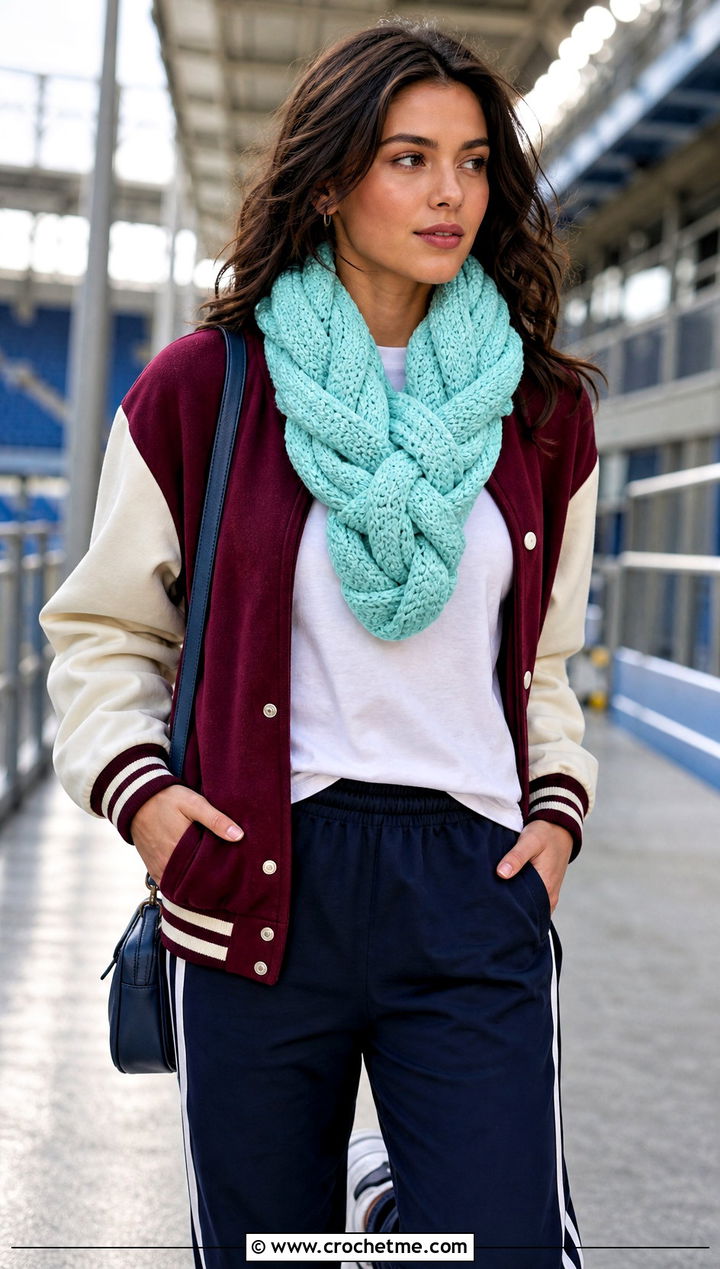 Braided Crochet Scarf With Varsity Jacket - 30 bulky crochet scarf outfit ideas