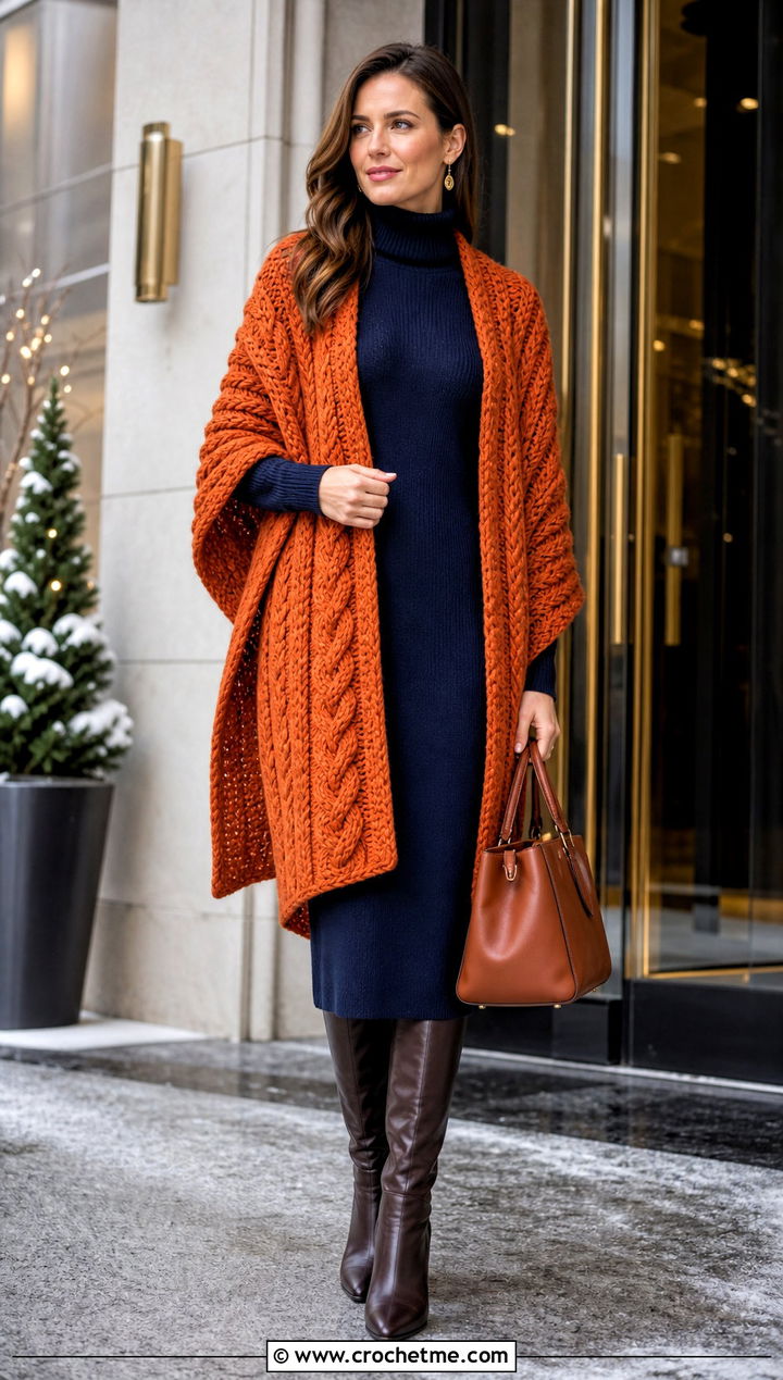 Braided Crocheted Ruana With Sweater Dress And Boots - 20 Crocheted Ruana outfit ideas