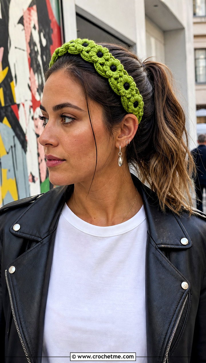 Braided Daisy Crochet Headband With Leather Jacket - 15 daisy flower crochet headband outfit ideas