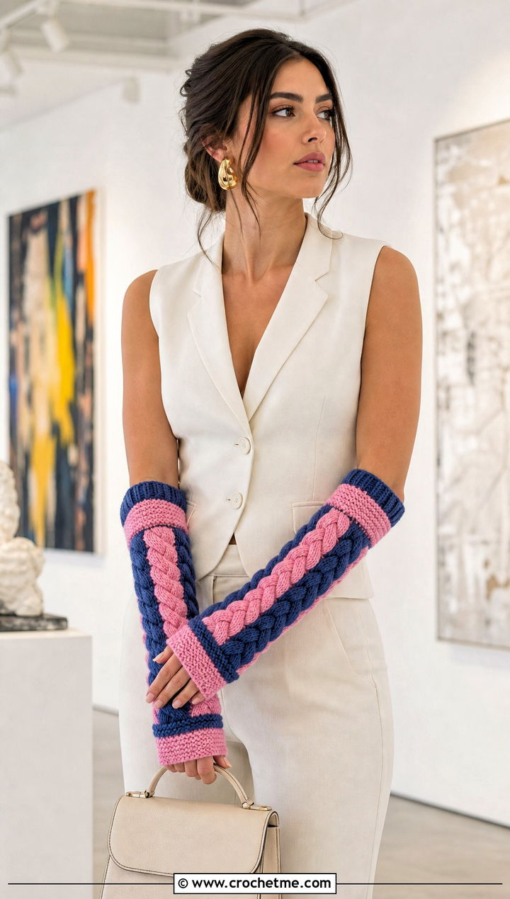 Braided Detail Striped Crochet Arm Warmers With Tailored Vest - 15 Striped Crochet Arm Warmers outfit ideas