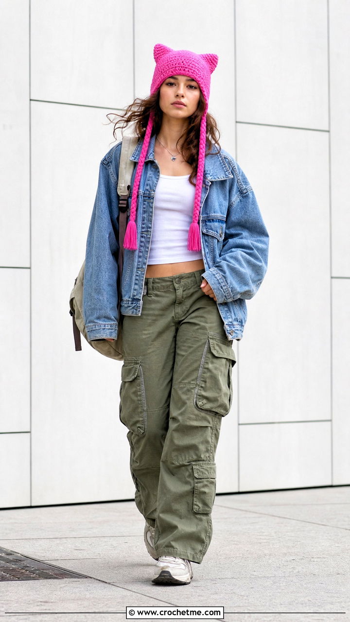 Braided Earflap Finn Hat With Denim Jacket And Cargo Pants - 35 crochet finn hat outfit ideas