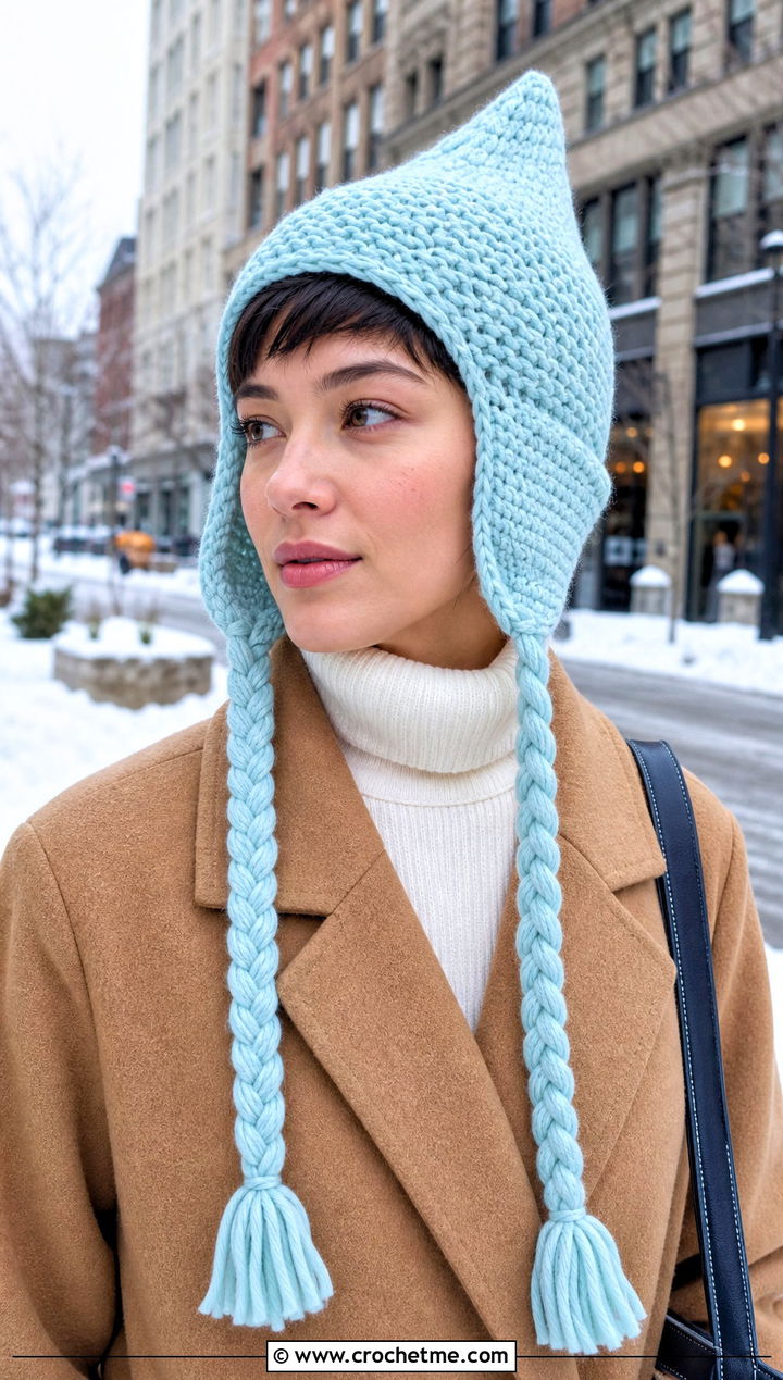 Braided Earflap Pixie Hat With Wool Coat And Straight Jeans - 20 Crochet Fairy Hat outfit ideas