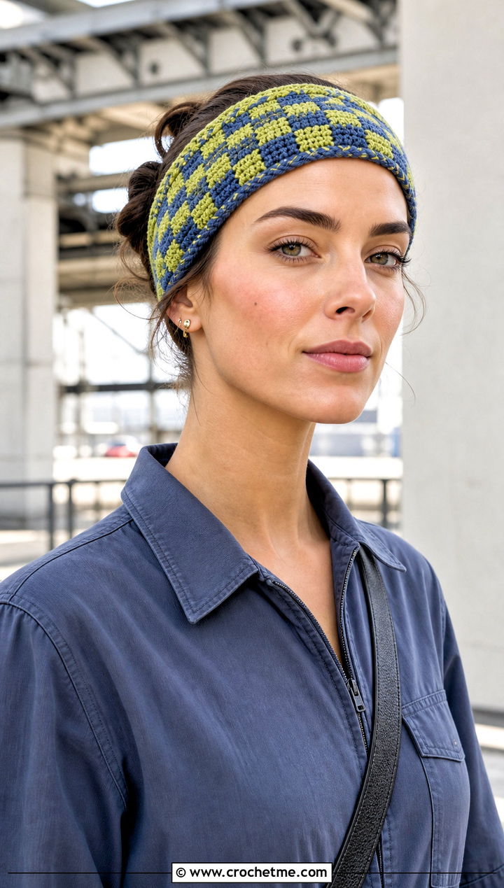 Braided Edge Crochet Checkered Headband With Utility Jumpsuit - 25 crochet checkered headband outfit ideas