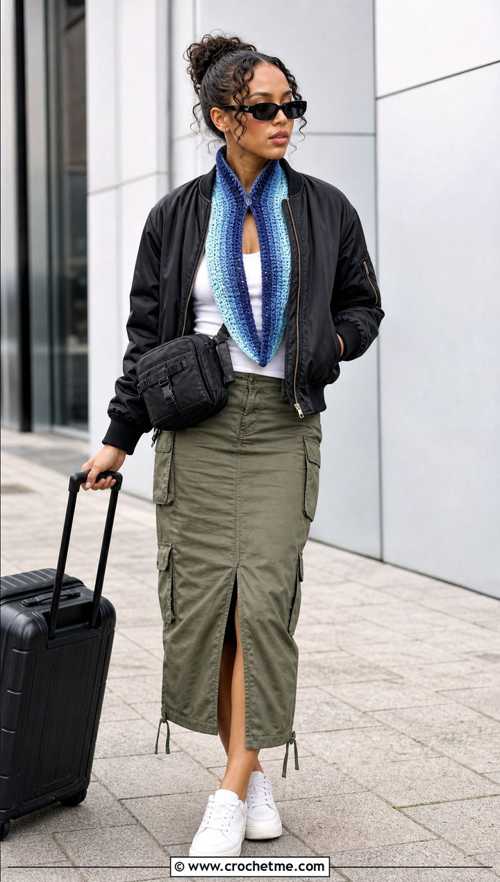 Braided Edge Crochet Keyhole Scarf With Bomber Jacket - 35 crochet keyhole scarf outfit ideas