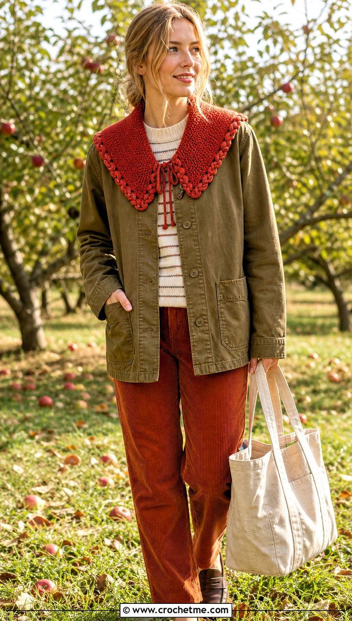 Braided Edge Crochet Sailor Collar With Barn Jacket And Corduroy Pants - 30 crochet sailor collar outfit ideas