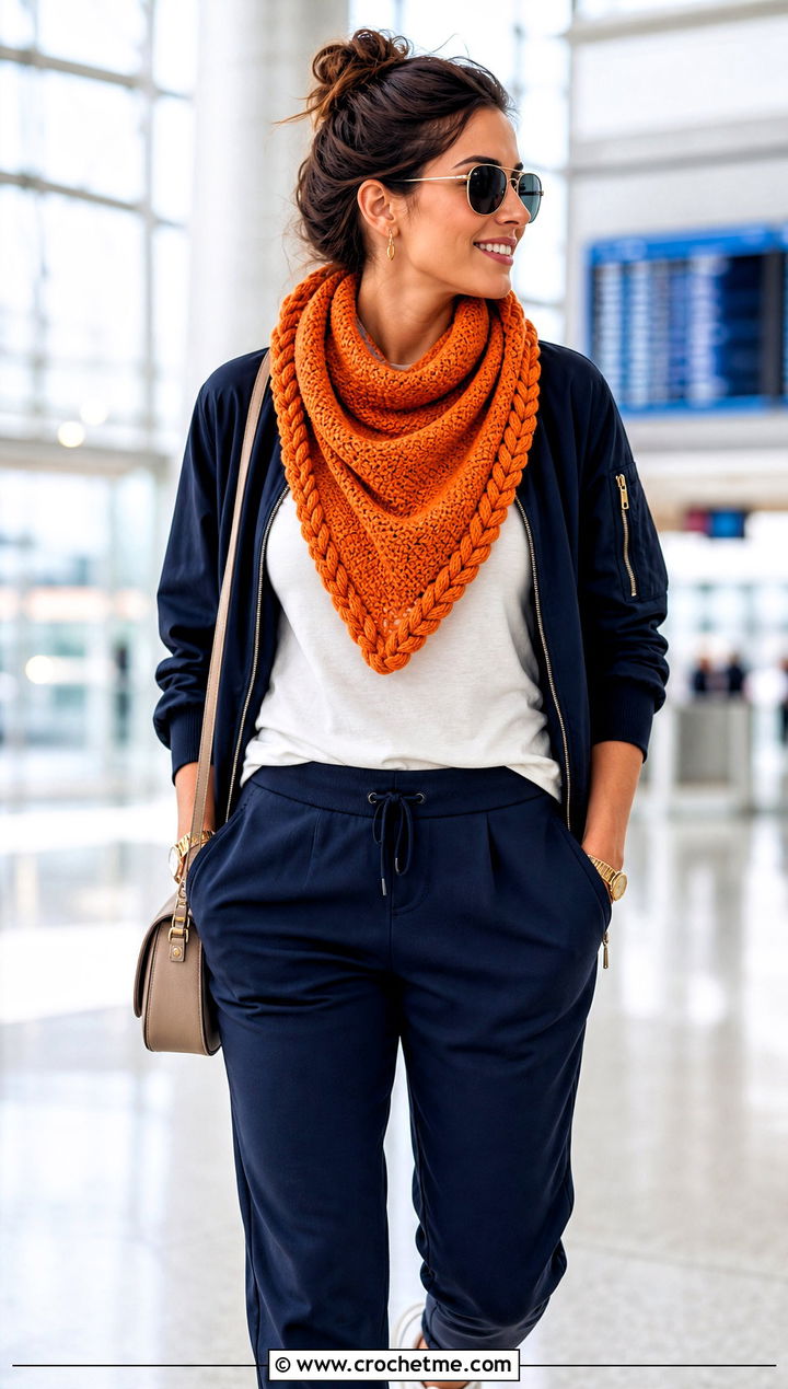 Braided Edge Triangle Cowl With Bomber Jacket - 30 crochet triangle cowl outfit ideas