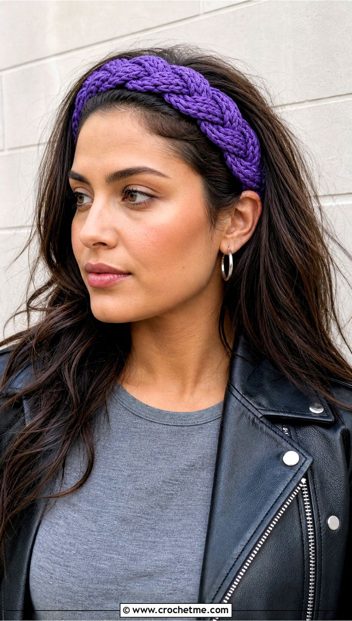 Braided Elastic Crochet Headband With a Leather Jacket - 25 Crochet Headbands With Elastic outfit ideas