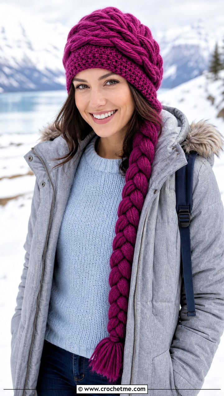 Braided Elsa Beanie With Parka And Straight Jeans - 15 Crochet Elsa Beanie outfit ideas