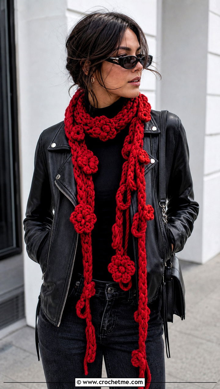 Braided Flower Scarf With Biker Jacket - 30 crochet scarf with flowers outfit ideas