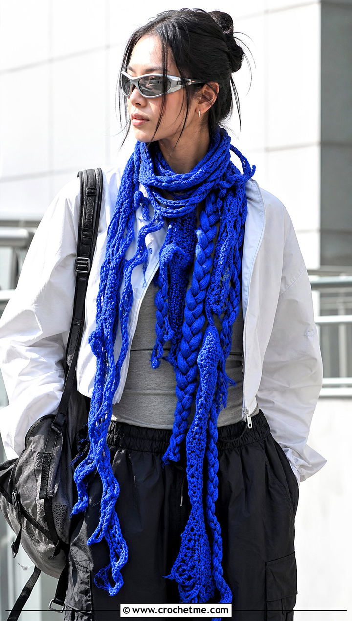 Braided Freeform Crochet Scarf With Track Jacket And Parachute Pants - 25 Freeform Crochet Scarf outfit ideas