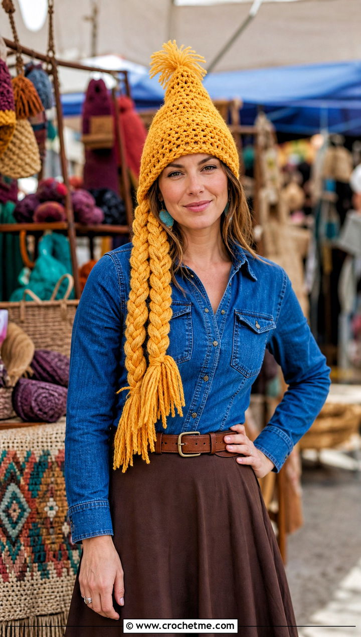 Braided Fringe Crochet Cindy Lou Who Hat With Western Denim - 20 Crochet Cindy Lou Who Hat outfit ideas