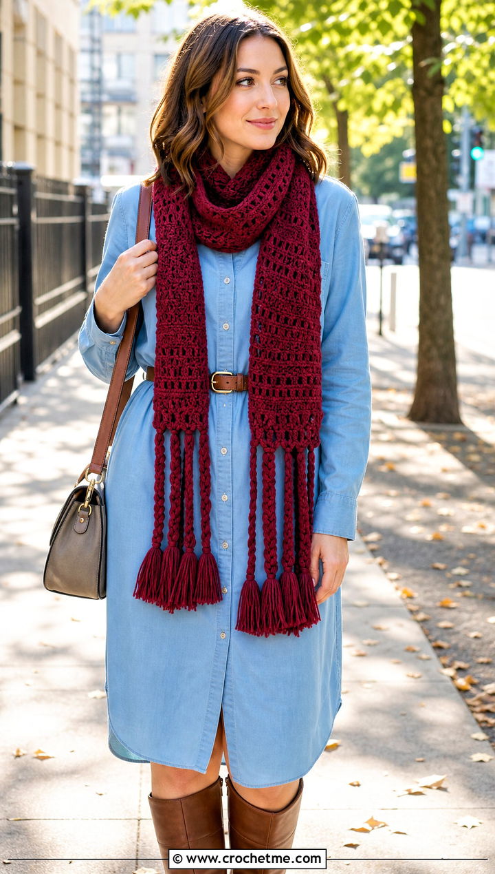 Braided Fringe Crochet Sally Scarf With Shirt Dress - 20 Crochet Sally Scarf outfit ideas