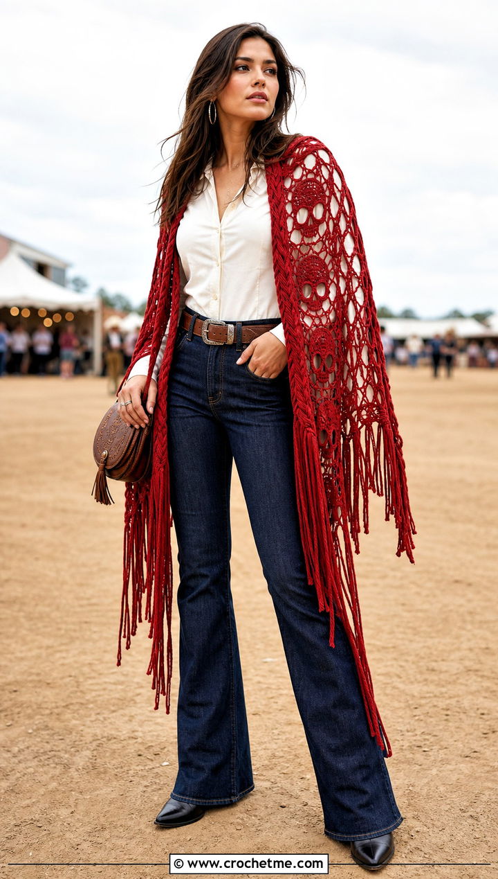 Braided Fringe Crochet Skull Shawl With a Western Denim Outfit - 35 crochet skull shawl outfit ideas