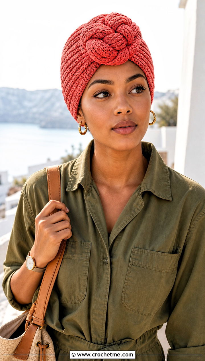 Braided Front Crochet Turban Hat With Utility Jumpsuit - 15 crochet turban style hat outfit ideas