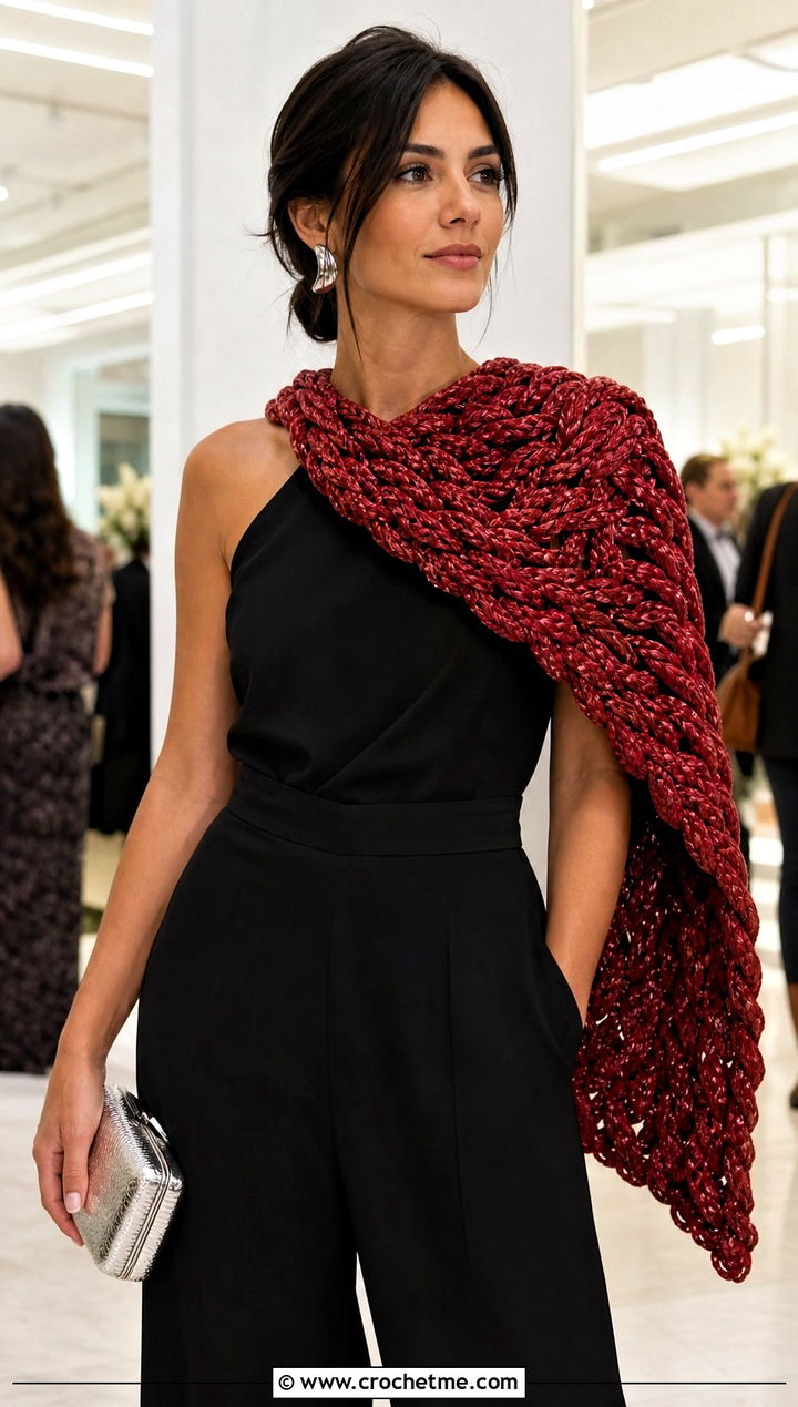 Braided HDC Crochet Scarf With Evening Jumpsuit - 20 Hdc Crochet Scarf outfit ideas