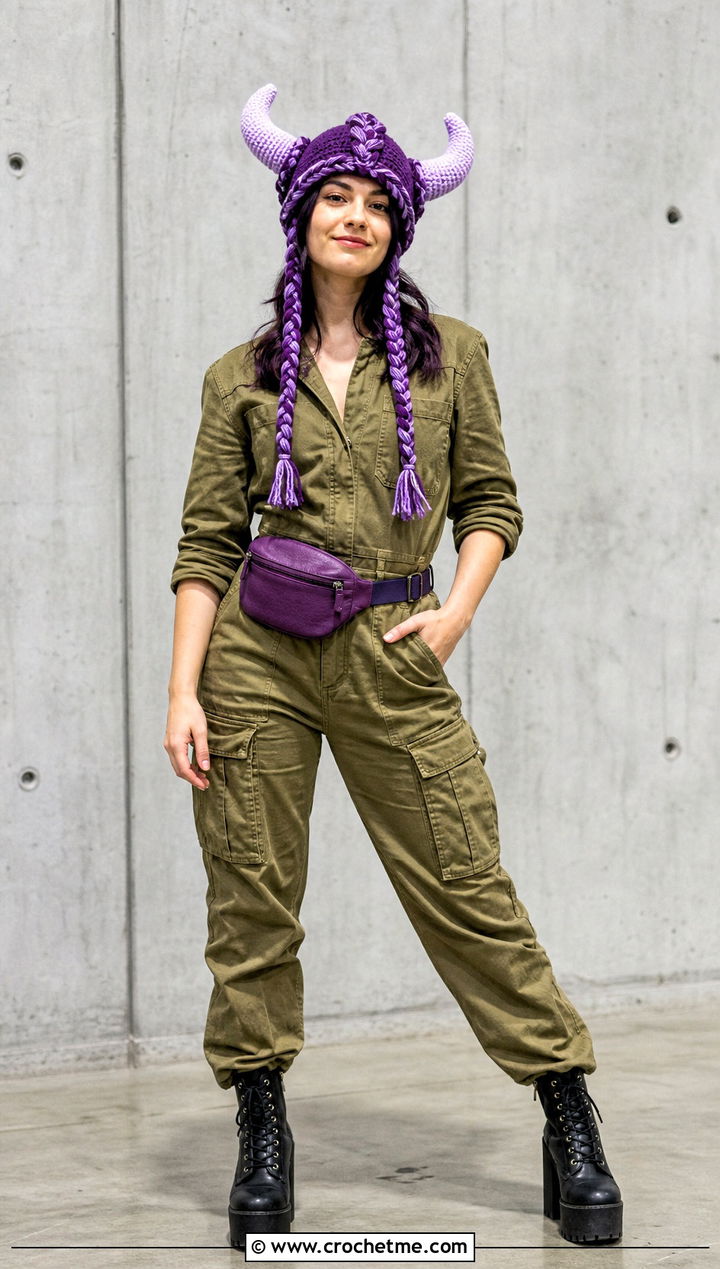 Braided Horn Crochet Viking Hat With Utility Jumpsuit - 35 crochet viking hat outfit ideas