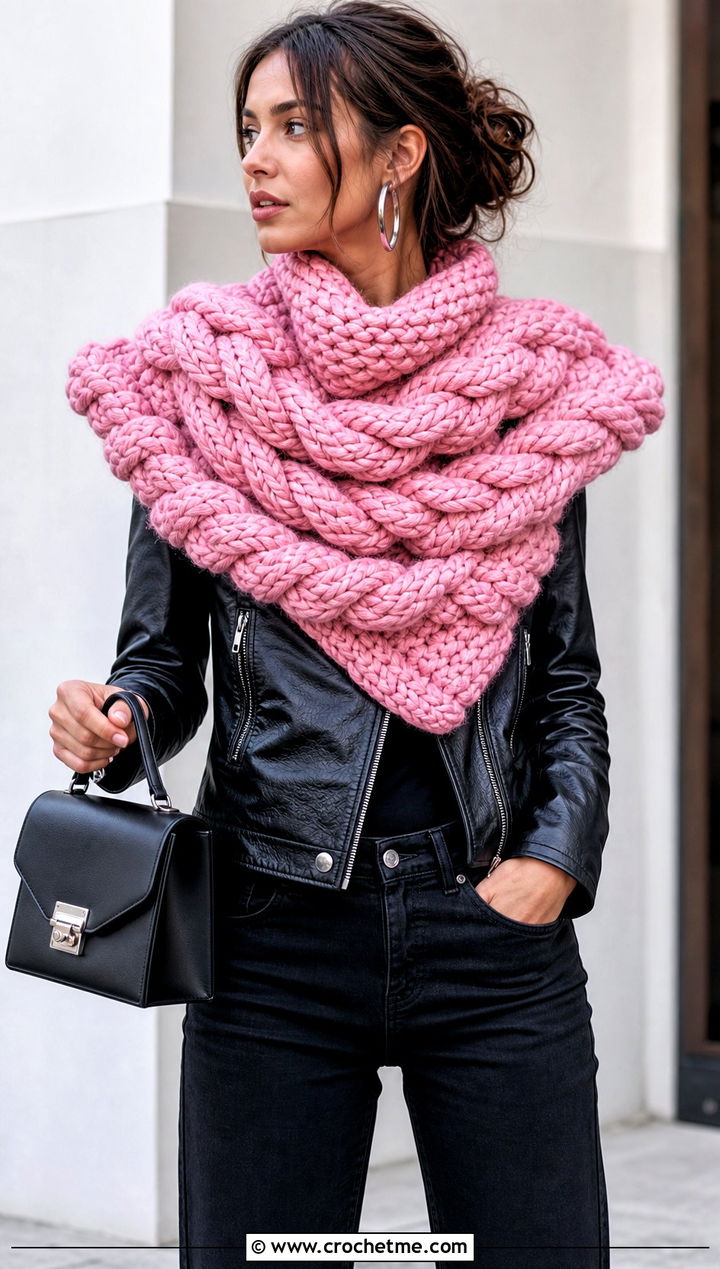 Braided Huntress Crochet Cowl With Leather Jacket - 15 huntress crochet cowl outfit ideas