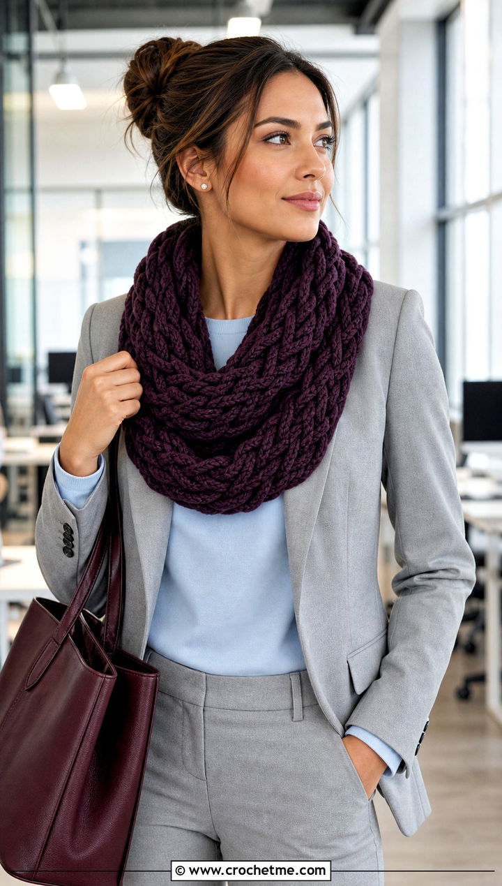 Braided Infinity Crochet Scarf With Blazer And Trousers - 15 Infinity Crochet Scarf outfit ideas