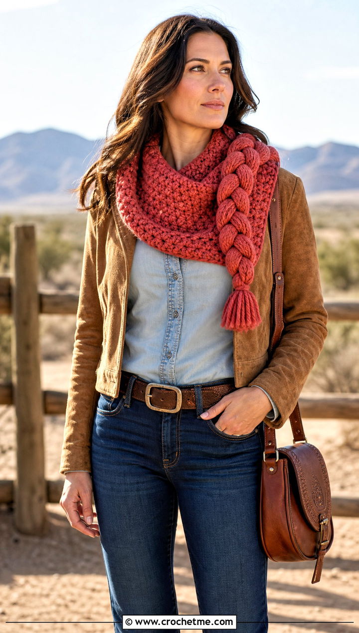 Braided Katniss Crochet Cowl With Western Denim - 15 katniss crochet hat outfit ideas