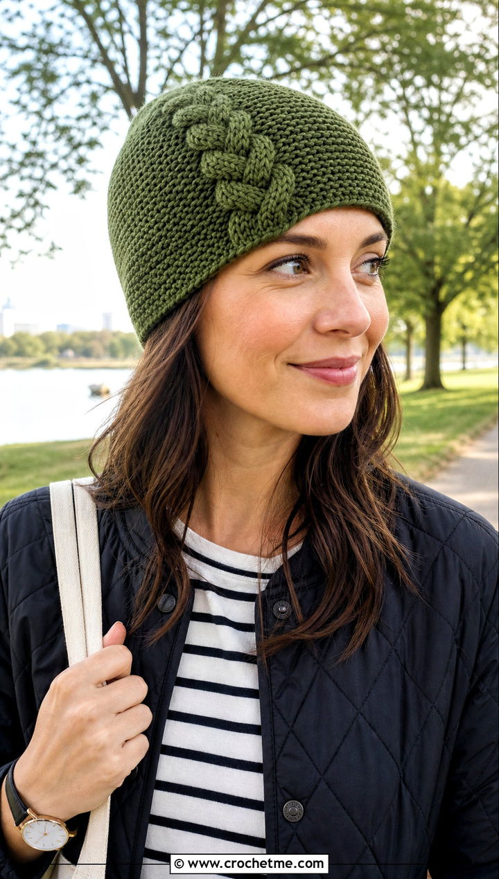 Braided Knit Look Crochet Hat With Quilted Jacket - 25 Knit Look Crochet Hat outfit ideas