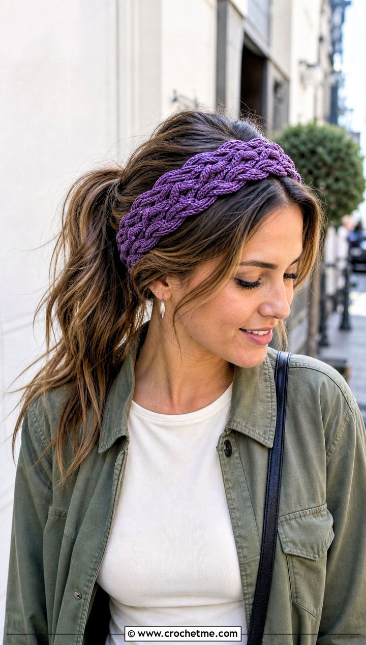 Braided Lace Crochet Headband With Utility Jacket And Black Jeans - 30 lace crochet headband outfit ideas
