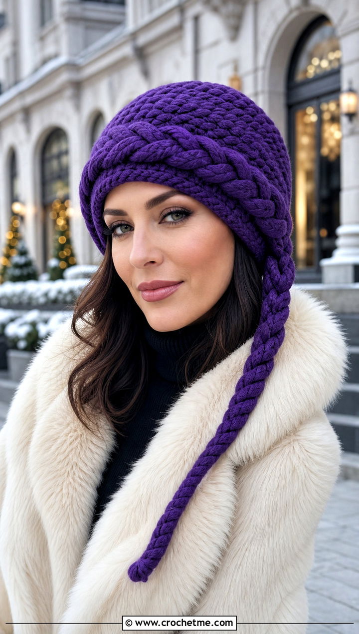 Braided Long Crochet Hat With Faux Fur Coat - 30 crochet long hat outfit ideas