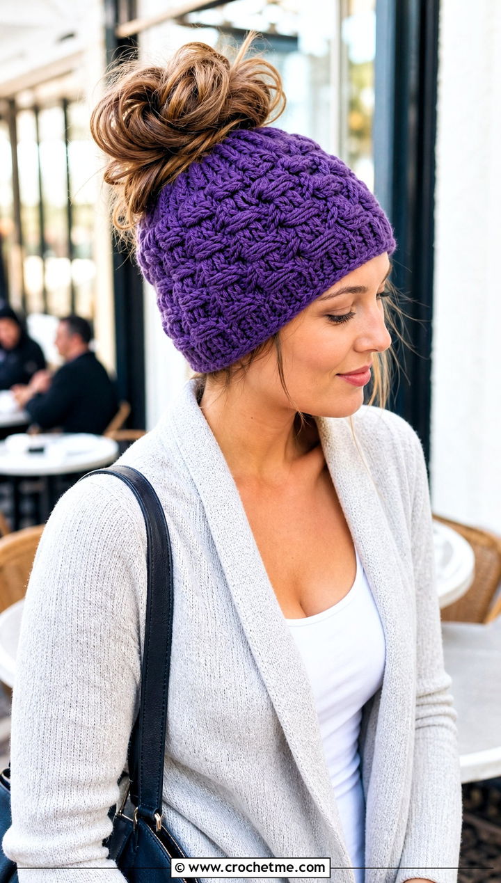 Braided Messy Bun Crochet Beanie With Cardigan - 30 easy messy bun crochet beanie outfit ideas