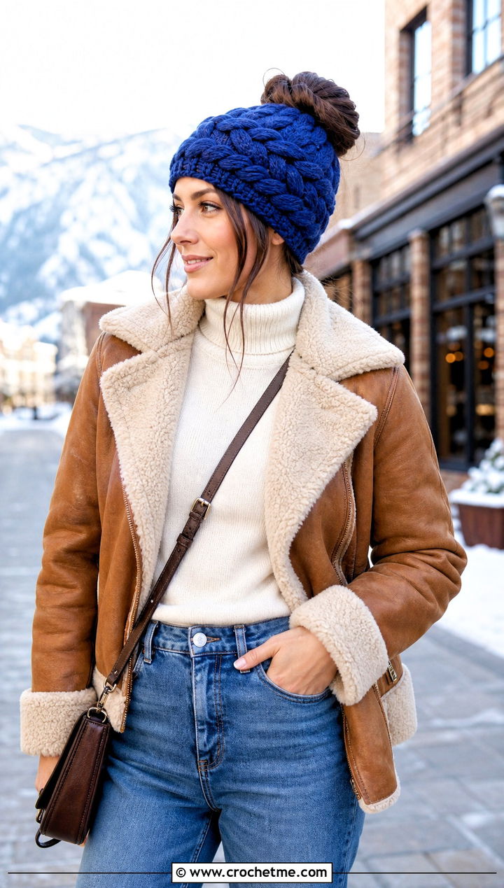Braided Messy Bun Crochet Hat With Shearling Jacket - 25 Easy Messy Bun Crochet Hat outfit ideas