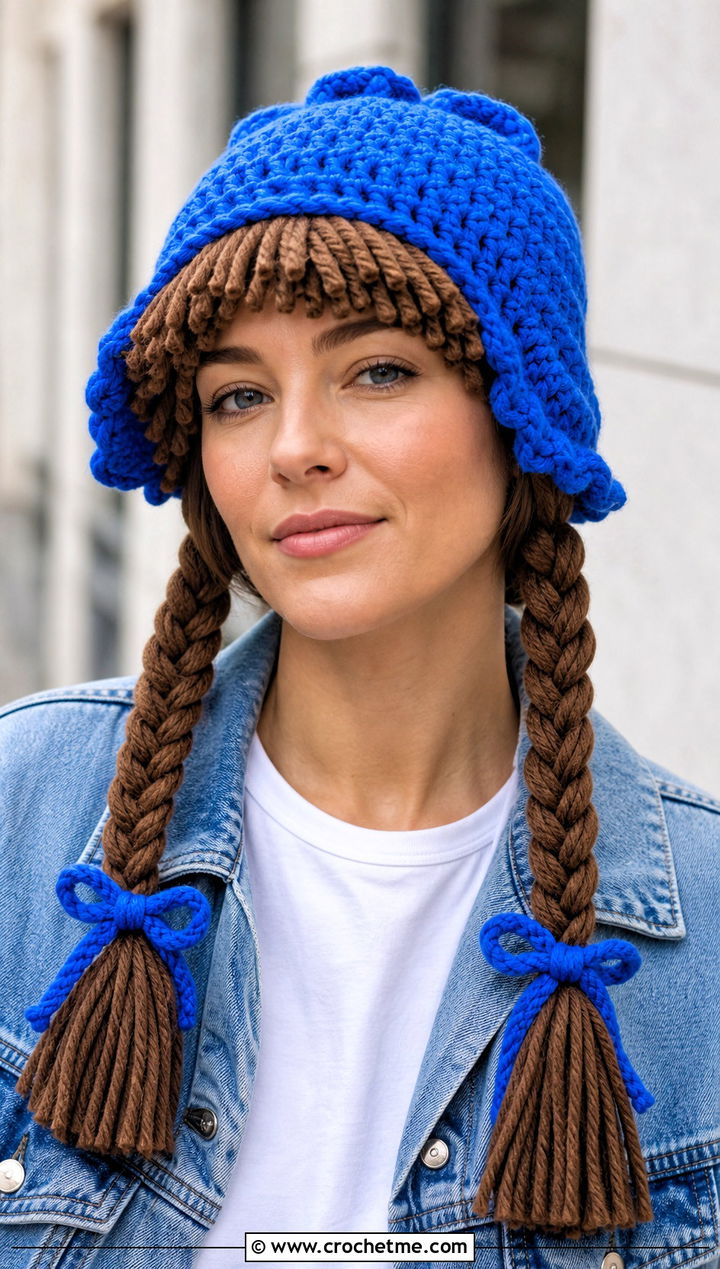 Braided Pigtail Cabbage Patch Crochet Hat With Denim Jacket - 25 Cabbage Patch Crochet Hat outfit ideas
