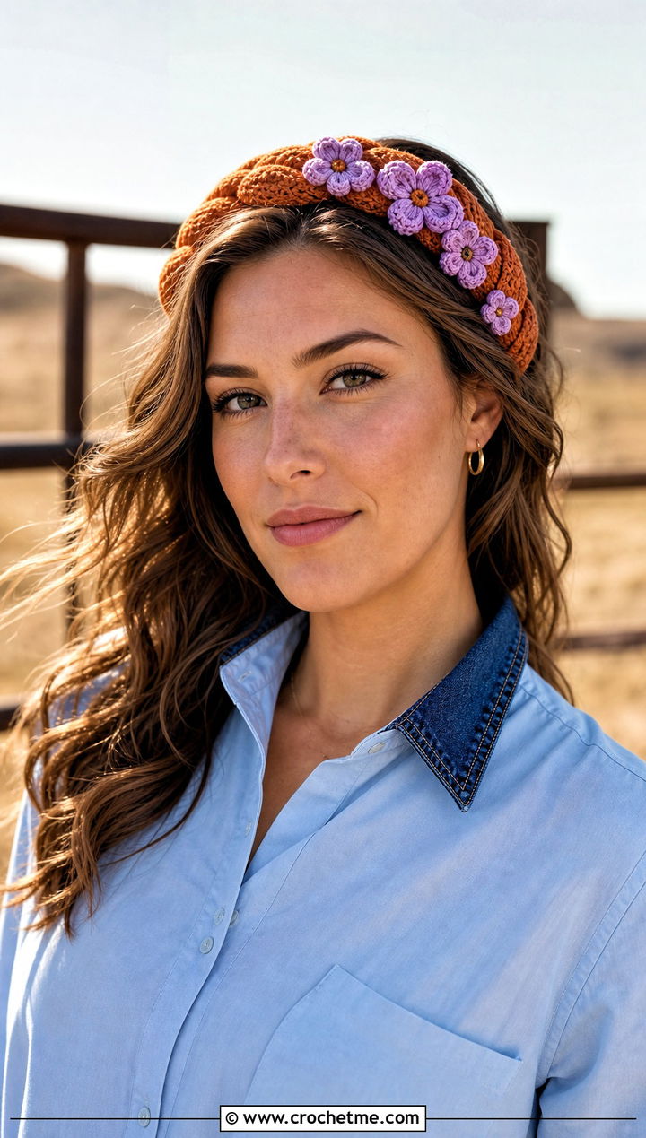 Braided Puff Flower Headband With Western Denim Outfit - 25 crochet puff flower headband outfit ideas