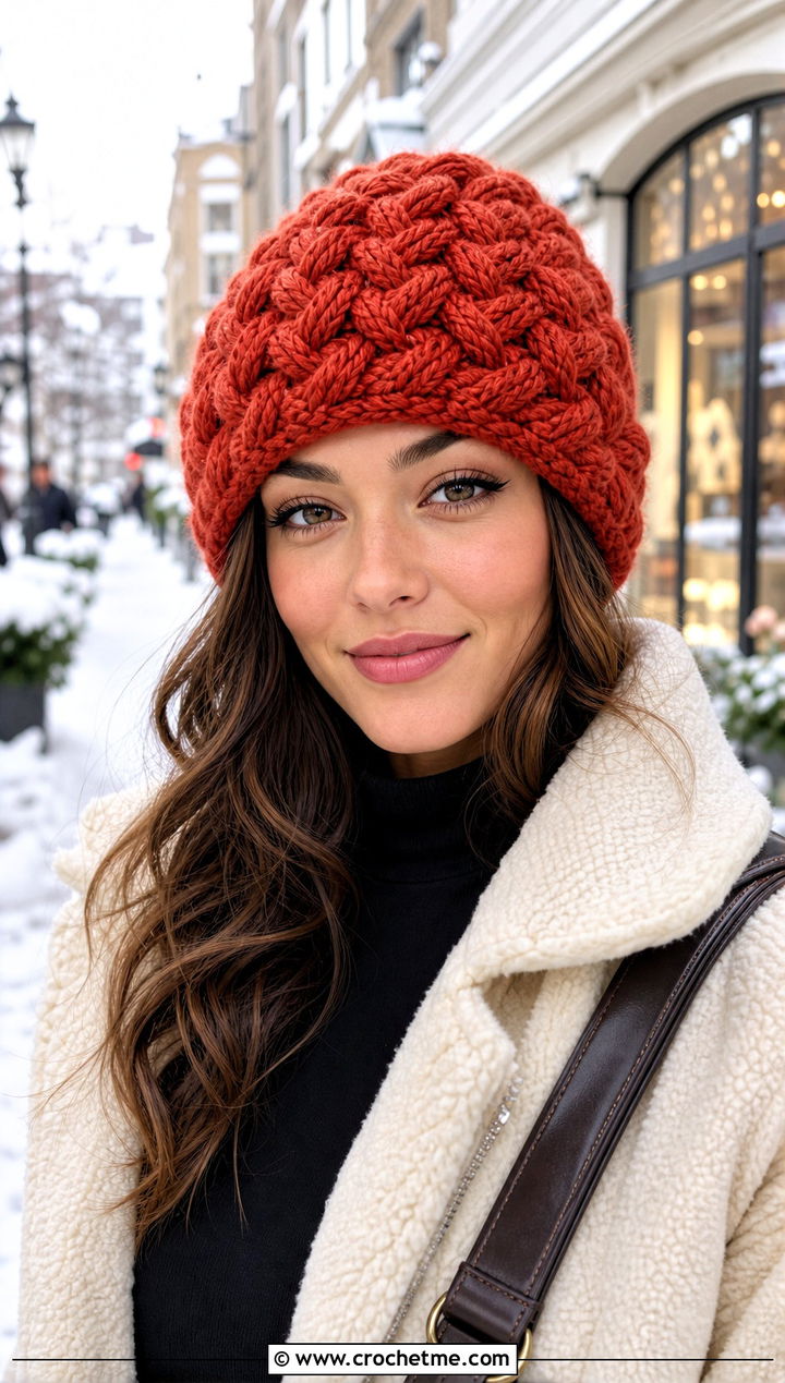 Braided Puff Stitch Beanie With Shearling Jacket And Denim Skirt - 25 crochet puff stitch beanie outfit ideas