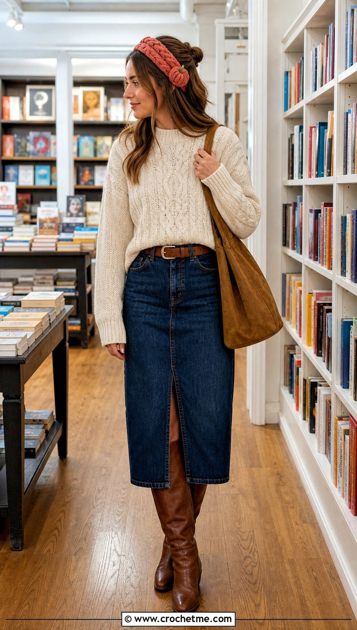 Braided Pumpkin Ear Warmer With Denim Midi Skirt - 35 crochet pumpkin headband outfit ideas