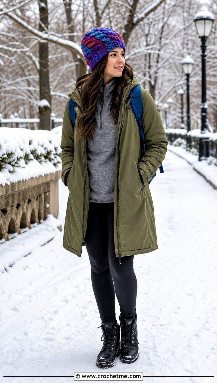 Braided Scrap Beanie With Parka And Leggings - 35 crochet scrap beanie outfit ideas