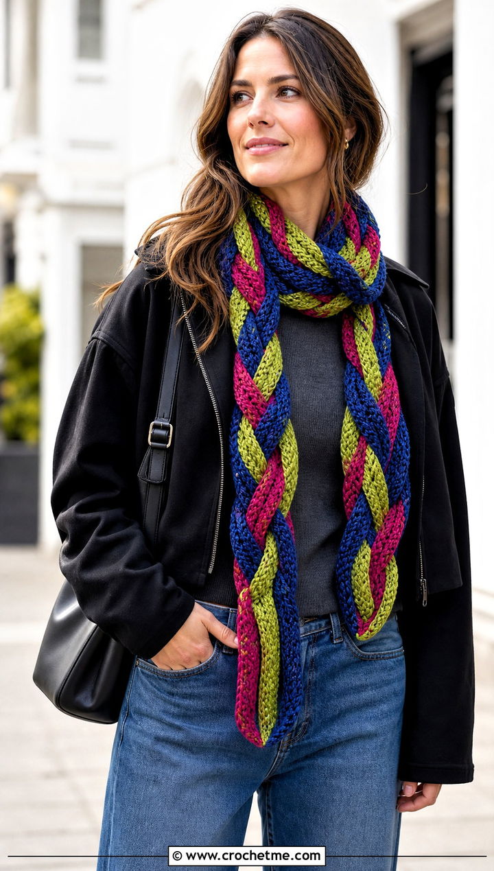 Braided Striped Crochet Scarf With Sweater And Jeans - 30 striped crochet scarf outfit ideas