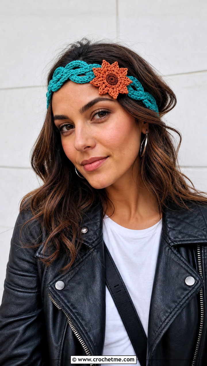 Braided Sunflower Headband With Leather Jacket - 25 Crochet Sunflower Headband outfit ideas