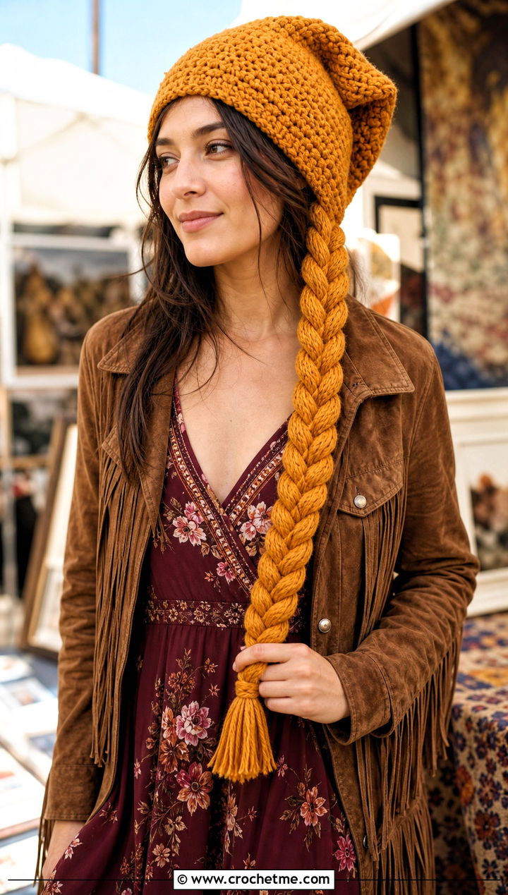 Braided Tail Crochet Long Stocking Cap With Boho Maxi Dress - 20 Crochet Long Stocking Cap outfit ideas