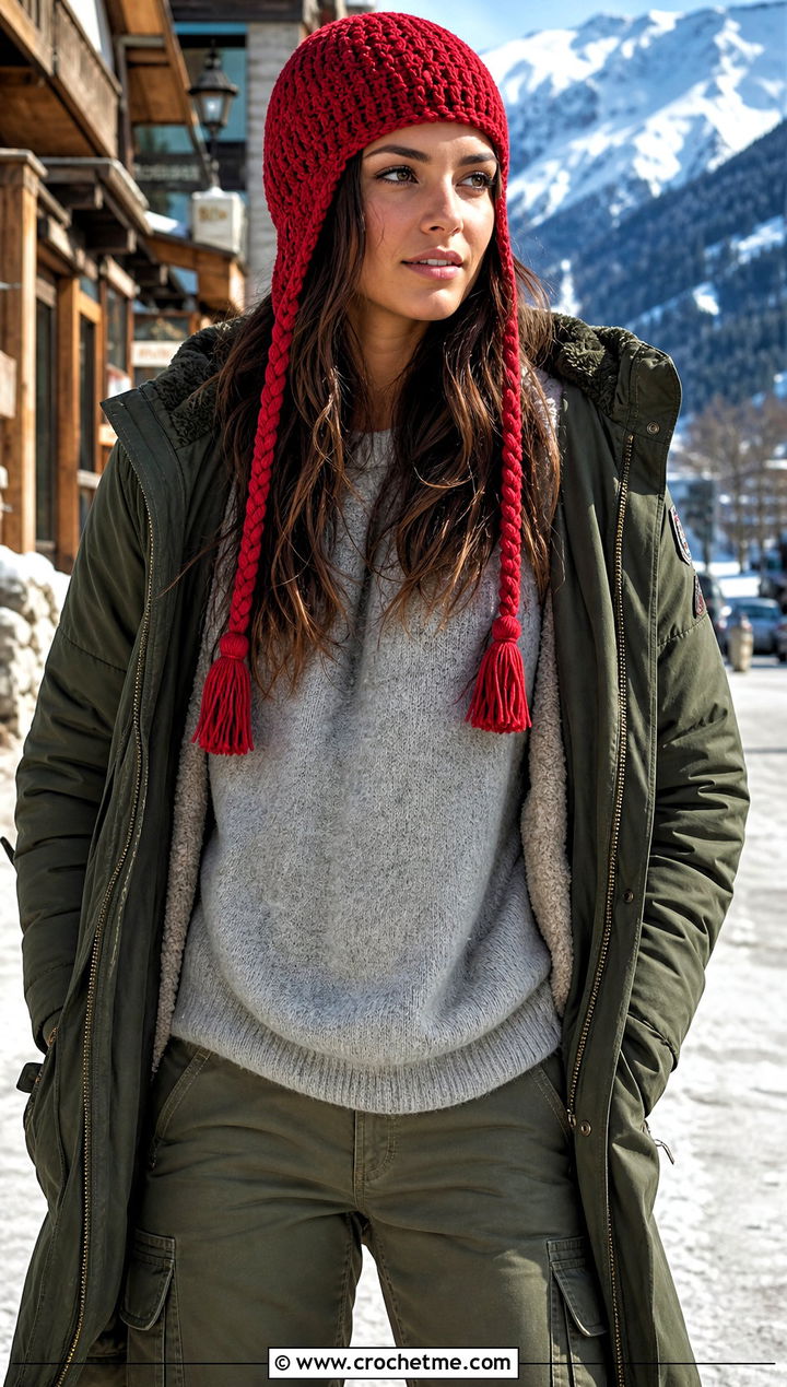 Braided Tassel Crochet Aviator Hat With Parka - 30 crochet aviator hat outfit ideas