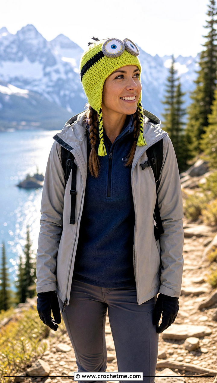 Braided Tassel Crochet Minion Hat With Hiking Outfit - 20 Crochet Minion Hats outfit ideas