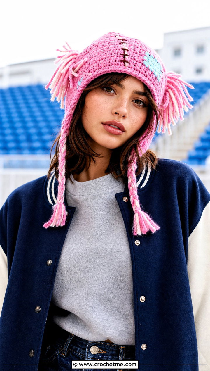 Braided Tassel Crochet Scarecrow Earflap Hat With Varsity Jacket - 30 crochet scarecrow hat outfit ideas