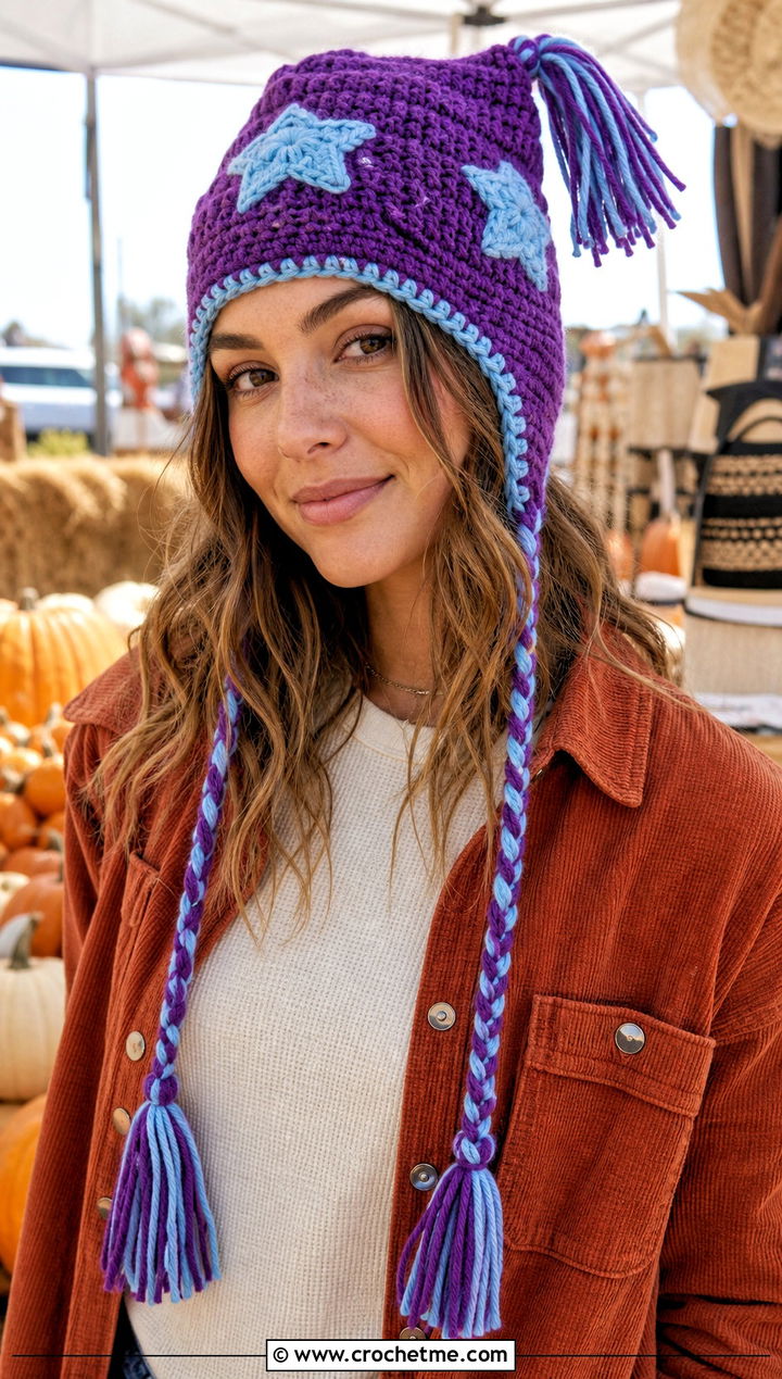 Braided Tassel Crochet Star Hat With Shacket - 25 crochet star hat outfit ideas