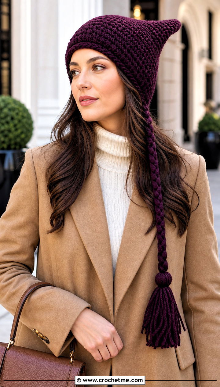 Braided Tassel Crochet Stocking Hat With Wool Coat - 25 easy crochet stocking hat outfit ideas
