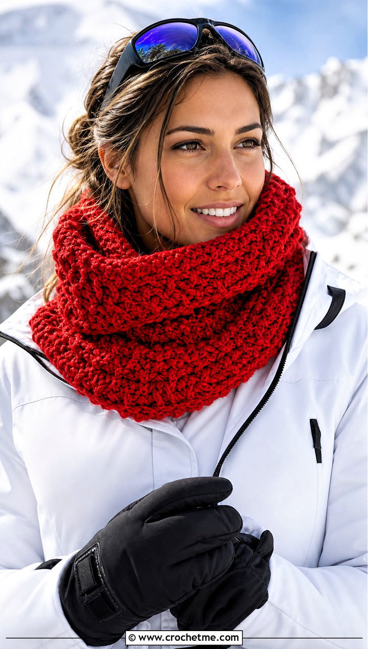 Braided Texture Crochet Snood Scarf With a Ski Jacket - 25 crochet snood scarf outfit ideas