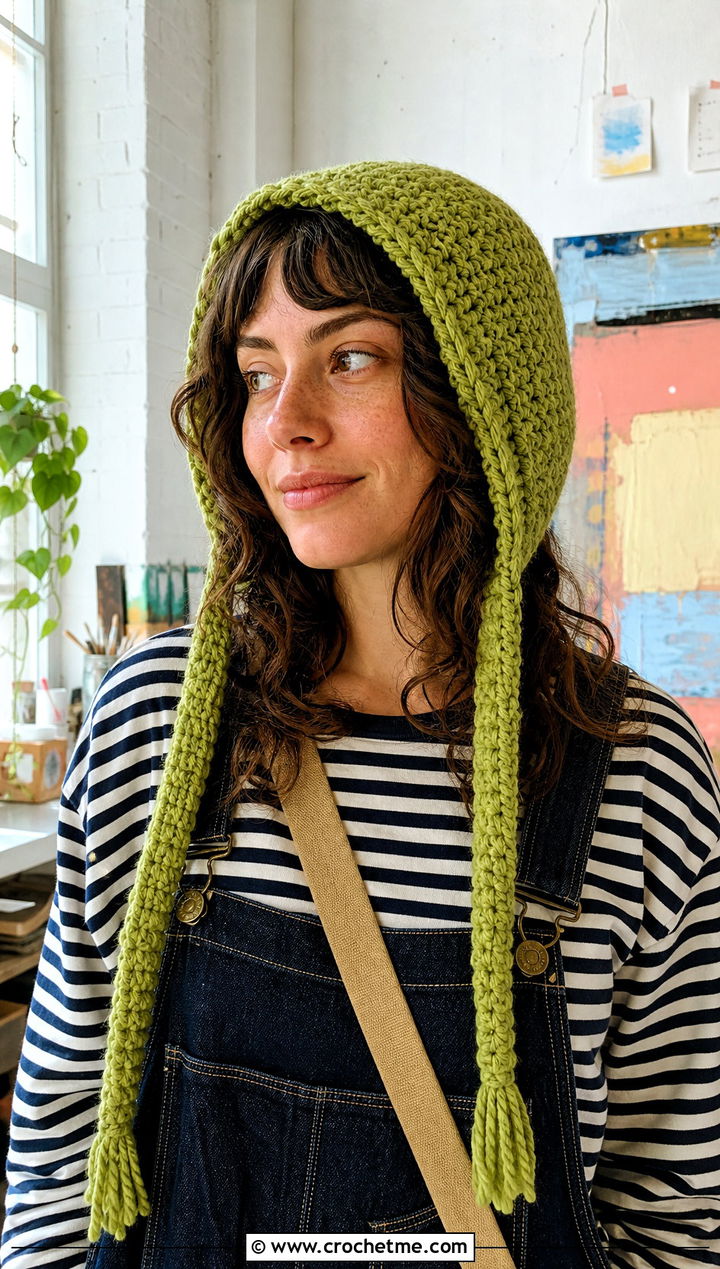 Braided Tie Crochet Bonnet Hood With Overalls - 25 crochet hood hat outfit ideas