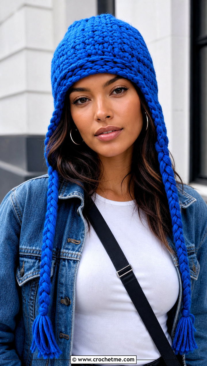 Braided Tie Crochet Earflap Beanie With Denim Jacket - 15 Crochet Hat With Earflaps outfit ideas